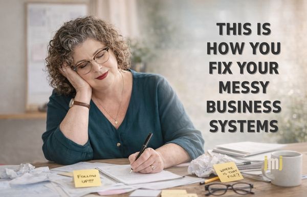 Image of Jacqui sitting at a desk providing a solution for a client's messy business systems